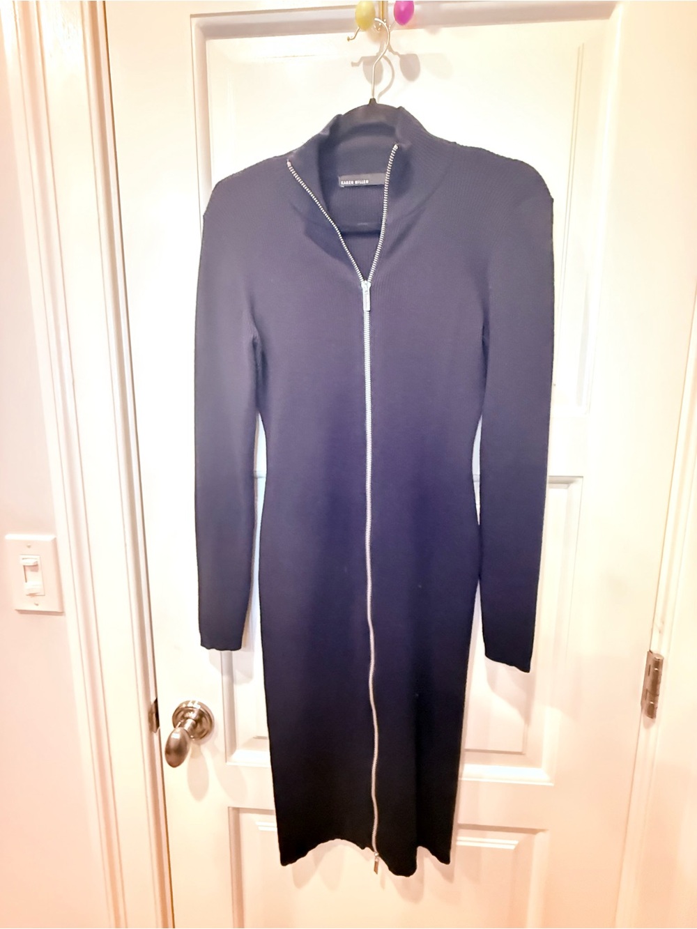 Karen Milllen Navy Zip-Front Long Sleeve Ribbed Sweater Dress. Silver zipper.